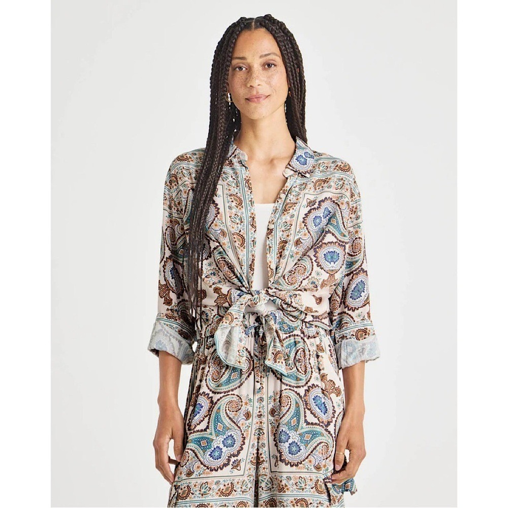Splendid Womens Paisley Medallion Button Down Shirt Tan Blue RS3W692 NEW Medium